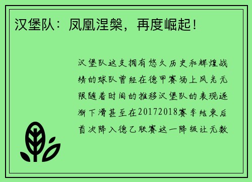汉堡队：凤凰涅槃，再度崛起！